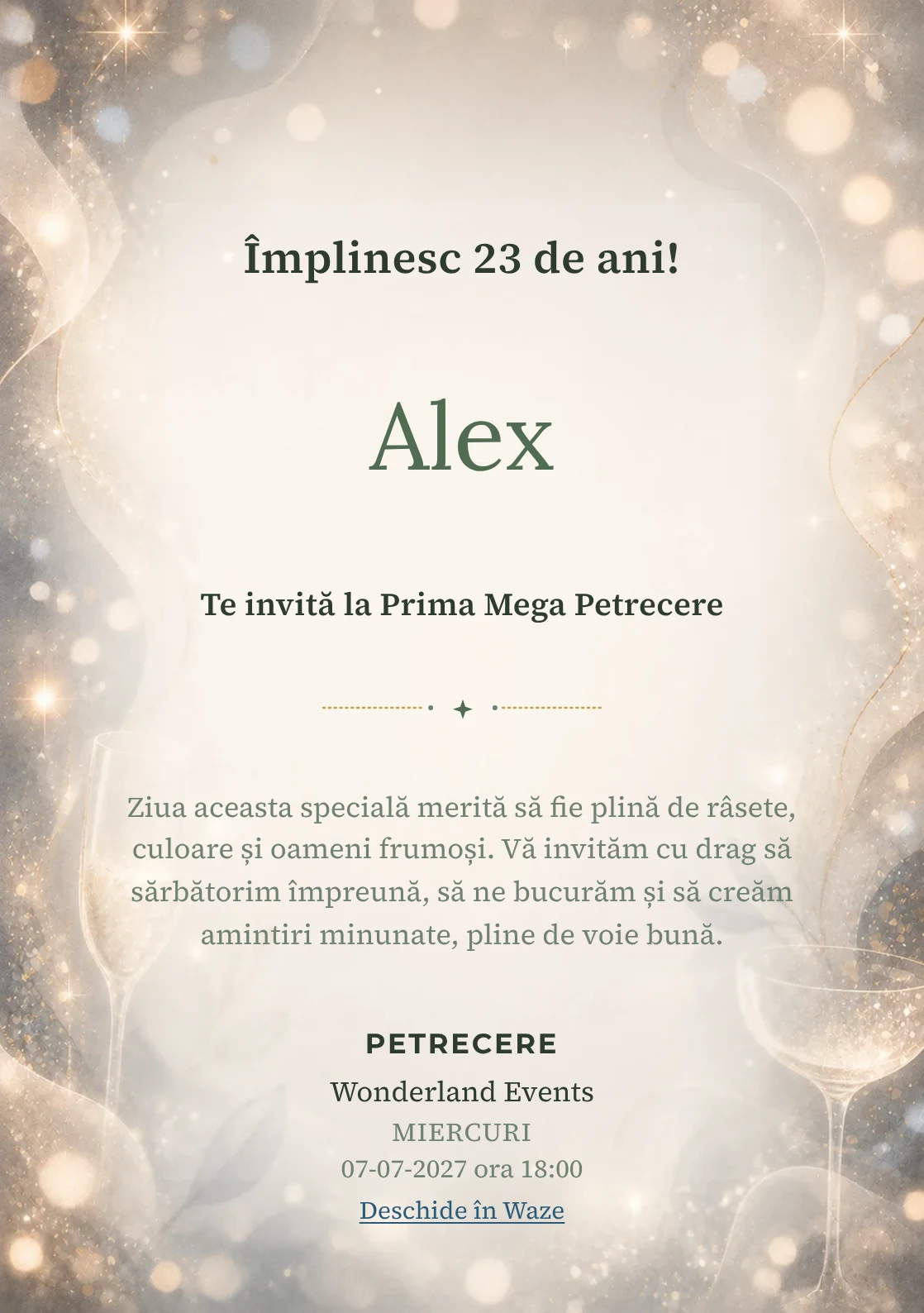 Invitație digitală aniversară Sparkling Mood, fundal premium cu sclipiri fine, bokeh și pahare abstracte