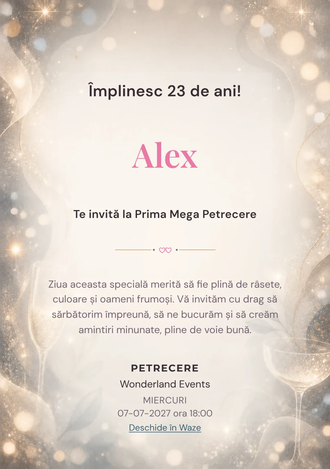 Invitație digitală aniversară Sparkling Mood, fundal premium cu sclipiri fine, bokeh și pahare abstracte