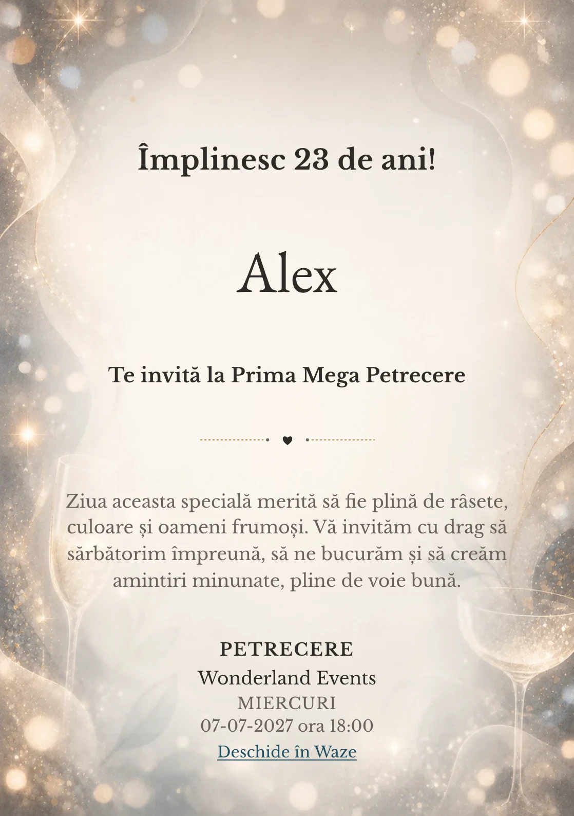Invitație digitală aniversară Sparkling Mood, fundal premium cu sclipiri fine, bokeh și pahare abstracte