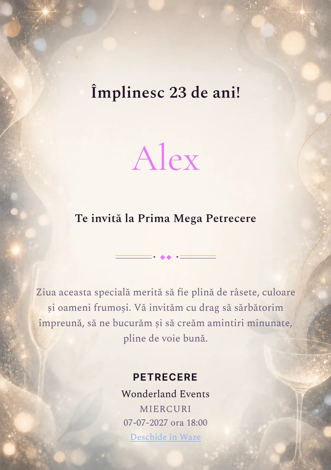 Invitație digitală aniversară Sparkling Mood, fundal premium cu sclipiri fine, bokeh și pahare abstracte