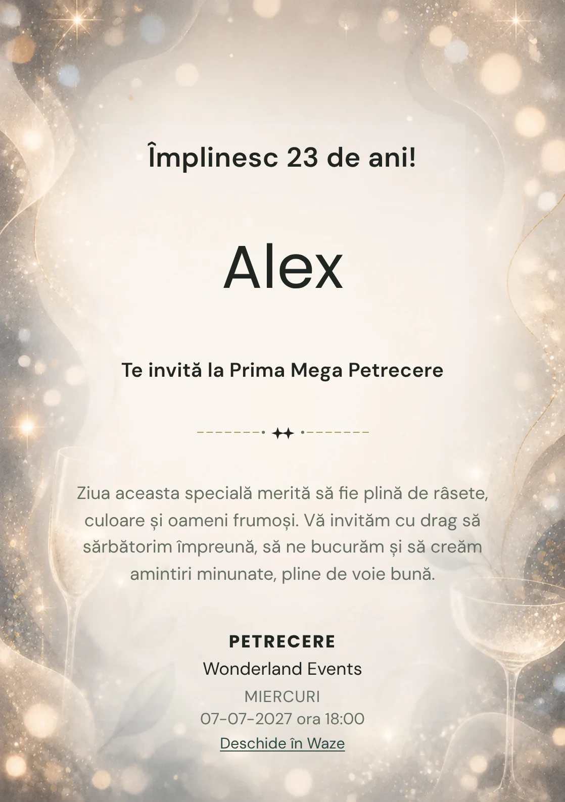 Invitație digitală aniversară Sparkling Mood, fundal premium cu sclipiri fine, bokeh și pahare abstracte