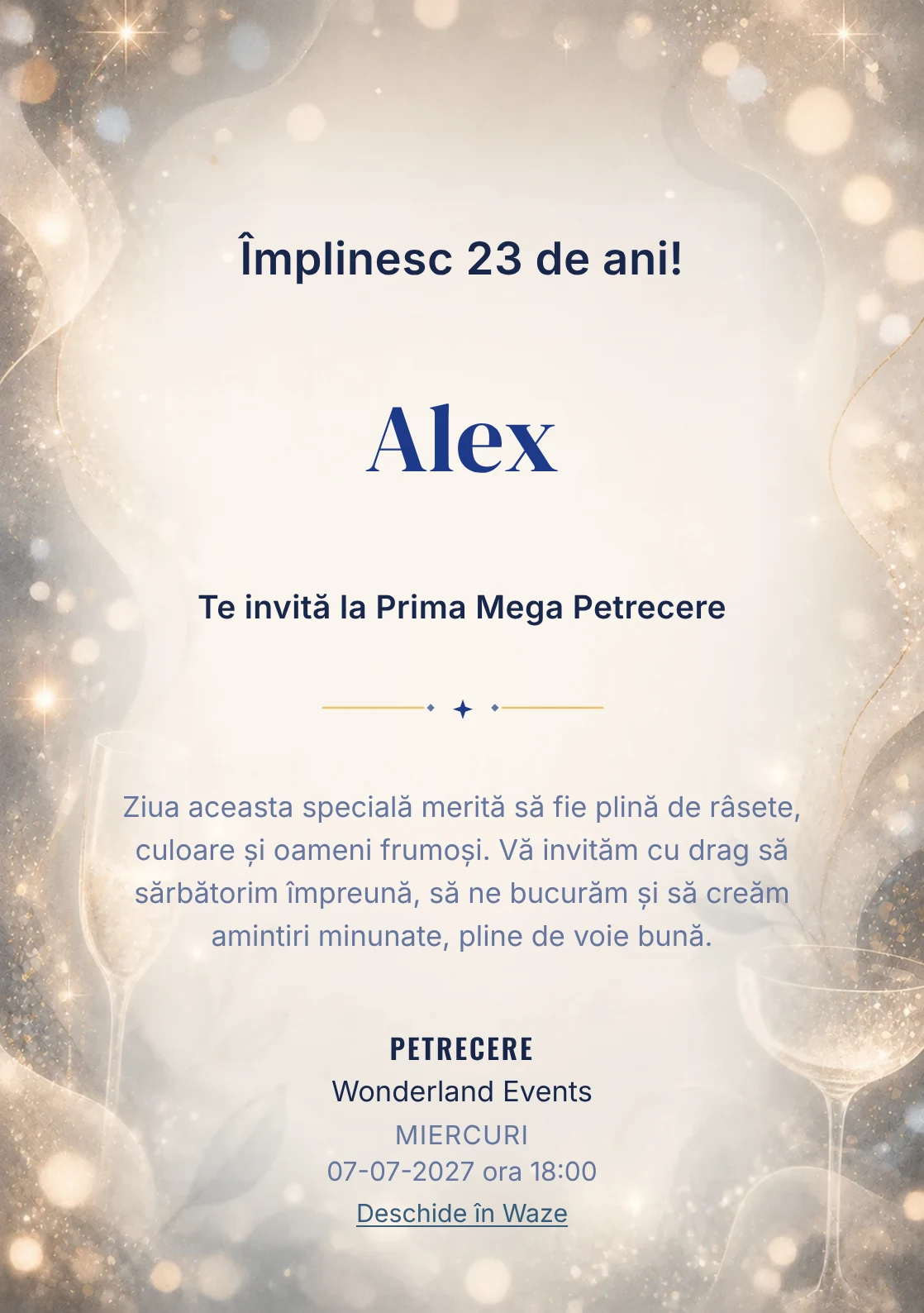 Invitație digitală aniversară Sparkling Mood, fundal premium cu sclipiri fine, bokeh și pahare abstracte