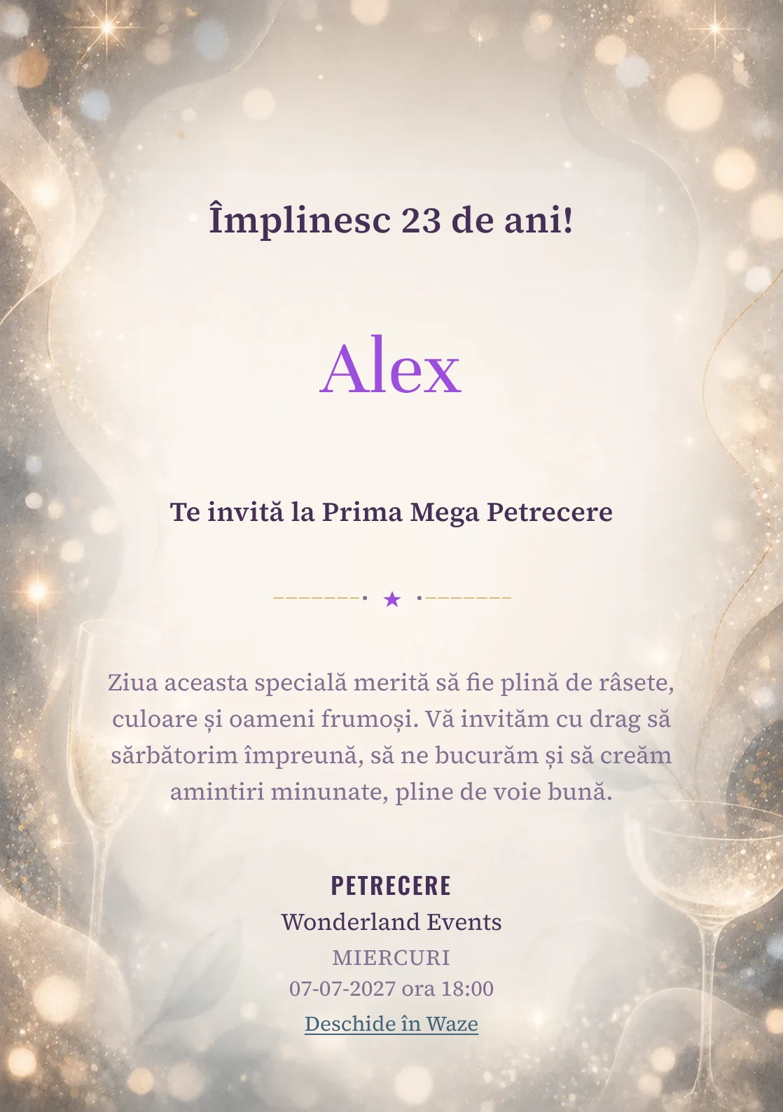 Invitație digitală aniversară Sparkling Mood, fundal premium cu sclipiri fine, bokeh și pahare abstracte