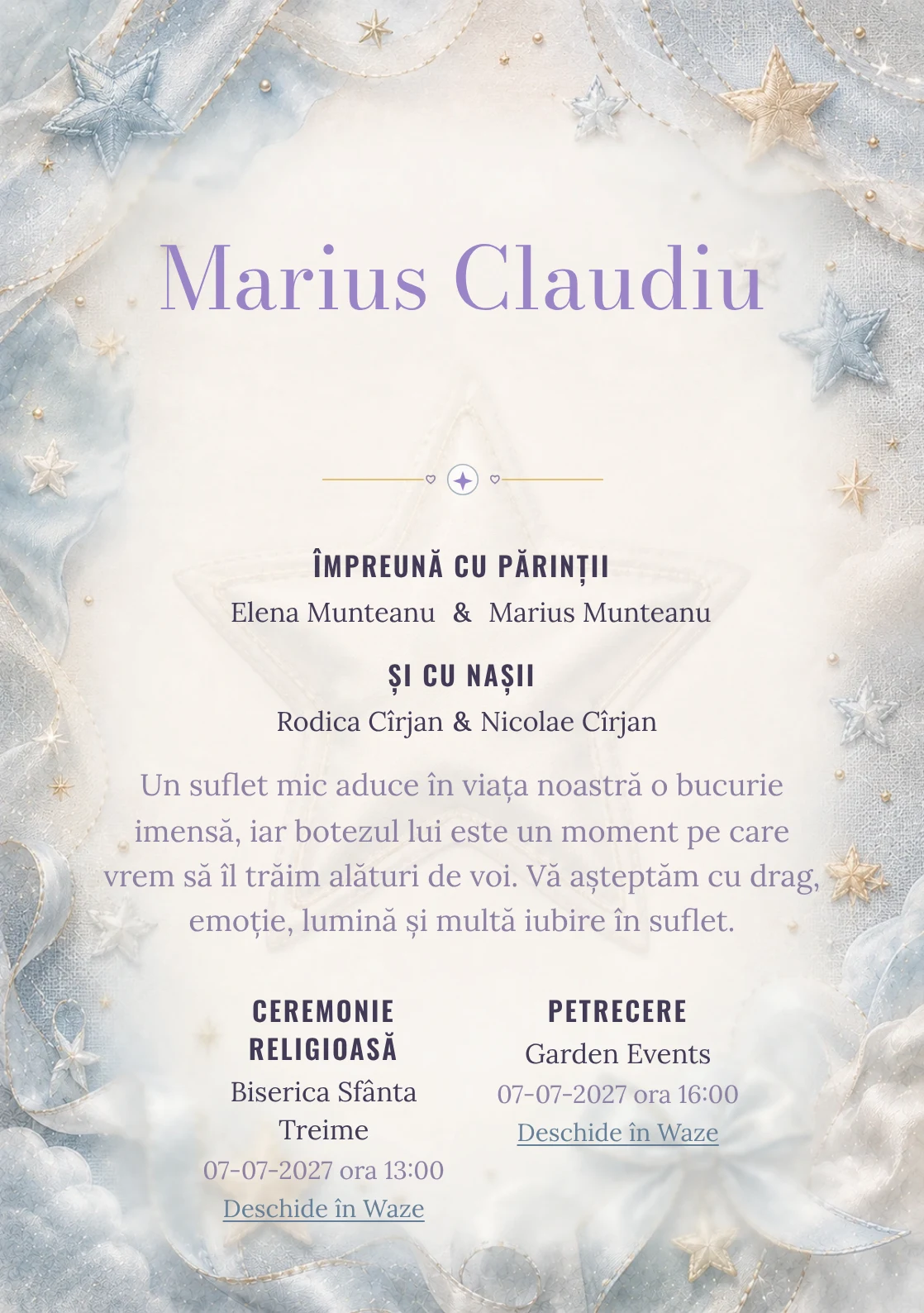 Invitație digitală de botez Stea de Mătase, fundal cu stea mare de mătase, bleu oțel deschis, gri perlat și textură textilă și centru luminos pentru text