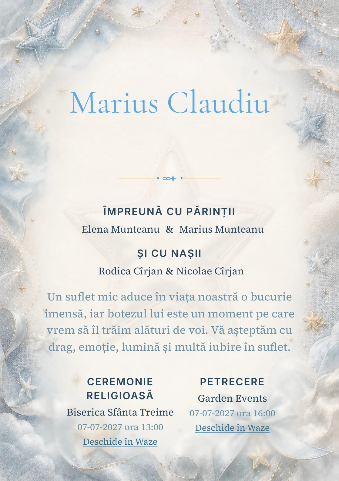 Invitație digitală de botez Stea de Mătase, fundal cu stea mare de mătase, bleu oțel deschis, gri perlat și textură textilă și centru luminos pentru text