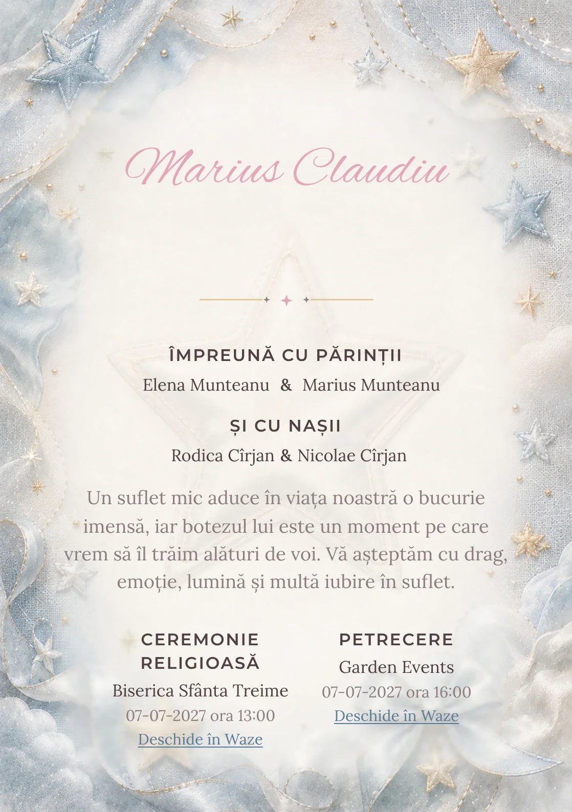 Invitație digitală de botez Stea de Mătase, fundal cu stea mare de mătase, bleu oțel deschis, gri perlat și textură textilă și centru luminos pentru text