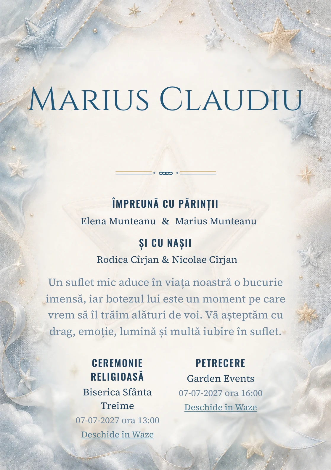 Invitație digitală de botez Stea de Mătase, fundal cu stea mare de mătase, bleu oțel deschis, gri perlat și textură textilă și centru luminos pentru text