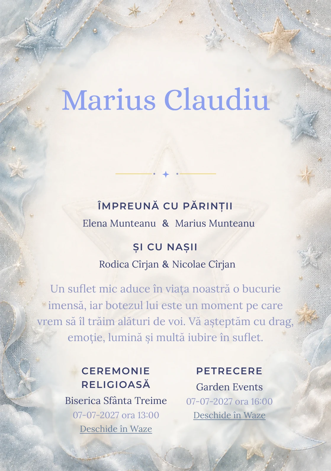 Invitație digitală de botez Stea de Mătase, fundal cu stea mare de mătase, bleu oțel deschis, gri perlat și textură textilă și centru luminos pentru text
