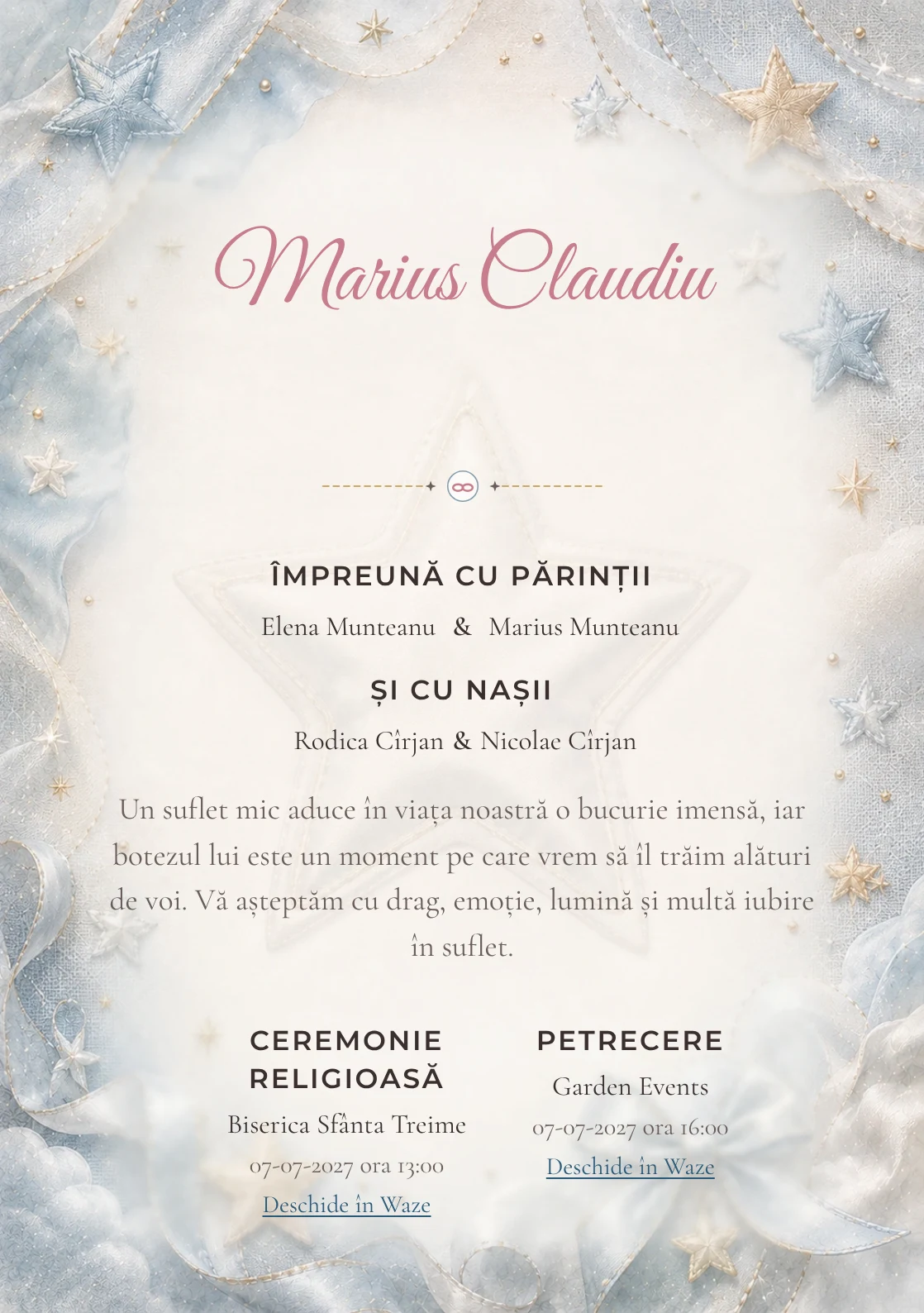 Invitație digitală de botez Stea de Mătase, fundal cu stea mare de mătase, bleu oțel deschis, gri perlat și textură textilă și centru luminos pentru text