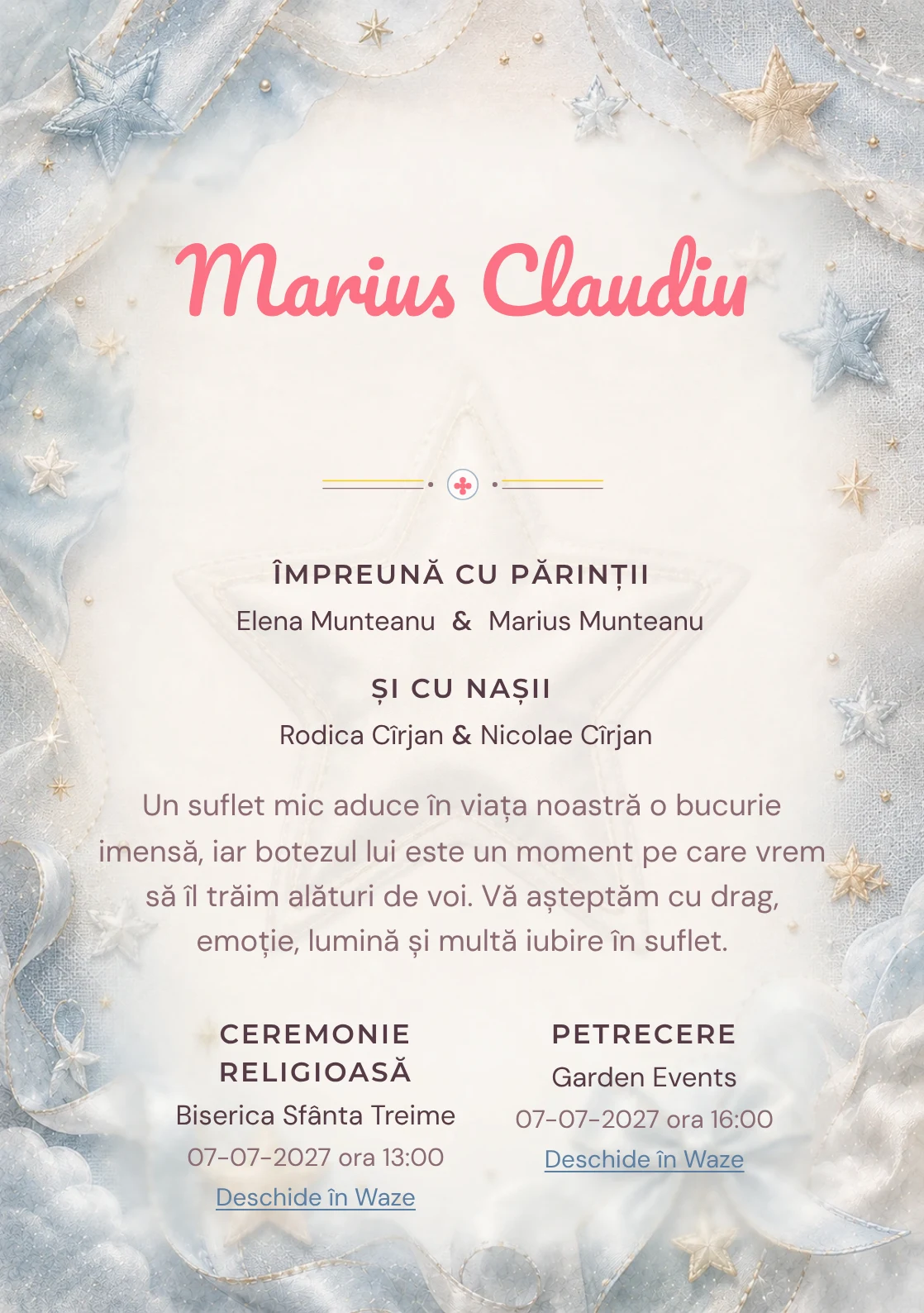 Invitație digitală de botez Stea de Mătase, fundal cu stea mare de mătase, bleu oțel deschis, gri perlat și textură textilă și centru luminos pentru text