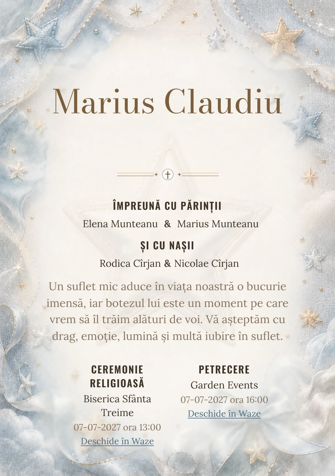 Invitație digitală de botez Stea de Mătase, fundal cu stea mare de mătase, bleu oțel deschis, gri perlat și textură textilă și centru luminos pentru text