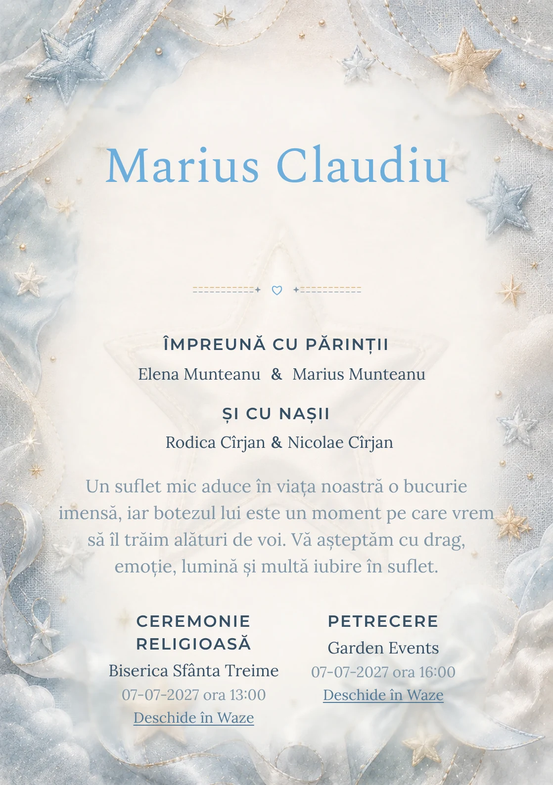 Invitație digitală de botez Stea de Mătase, fundal cu stea mare de mătase, bleu oțel deschis, gri perlat și textură textilă și centru luminos pentru text