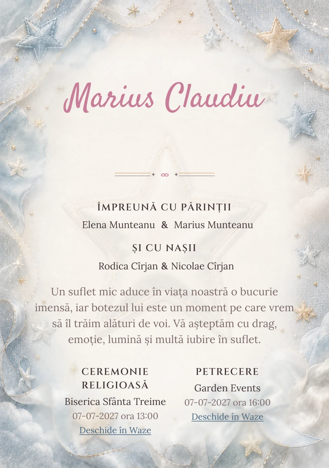 Invitație digitală de botez Stea de Mătase, fundal cu stea mare de mătase, bleu oțel deschis, gri perlat și textură textilă și centru luminos pentru text