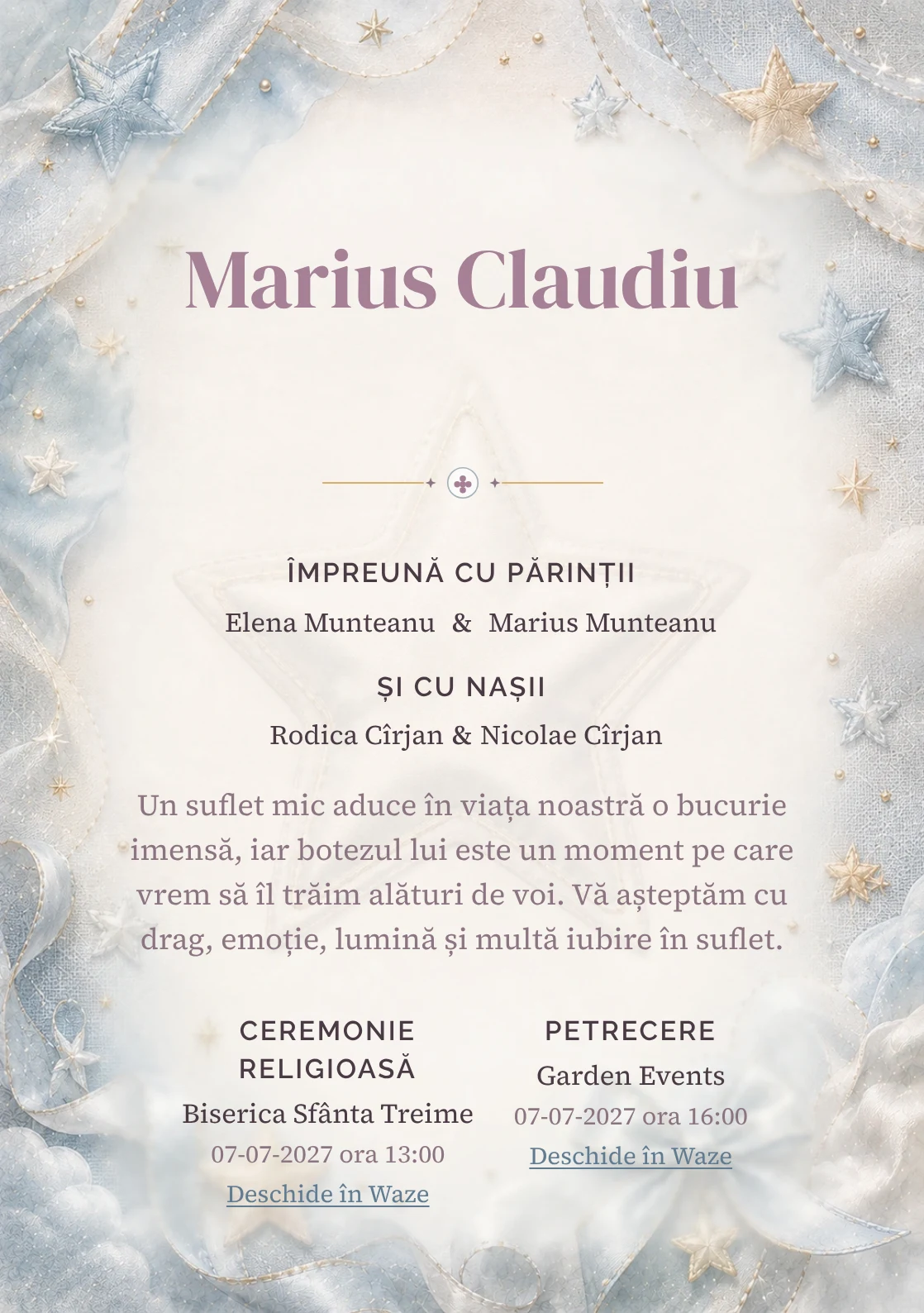 Invitație digitală de botez Stea de Mătase, fundal cu stea mare de mătase, bleu oțel deschis, gri perlat și textură textilă și centru luminos pentru text