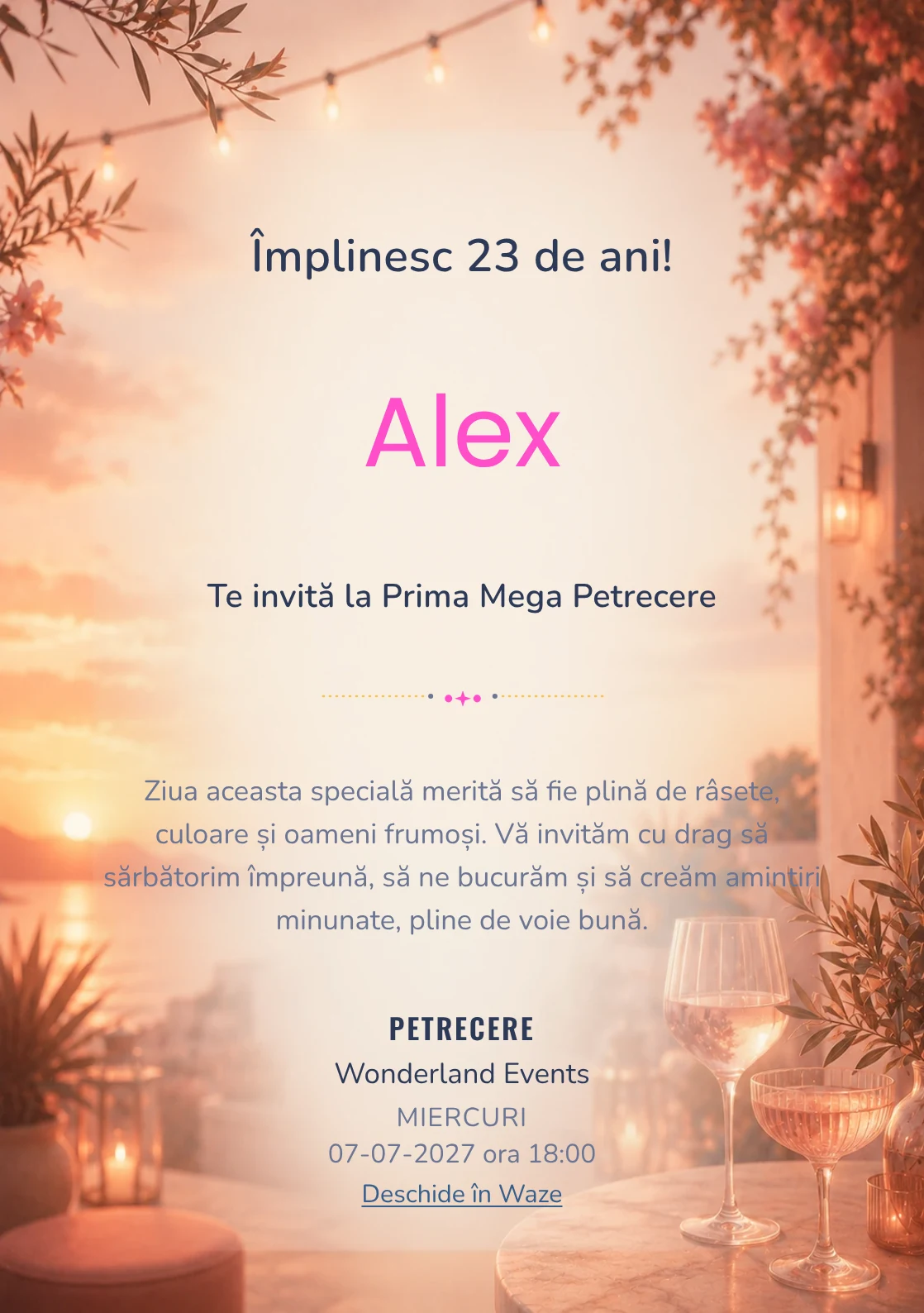 Invitație digitală aniversară Sunset Drinks, fundal premium cu apus pe terasă, pahare abstracte și tonuri piersică