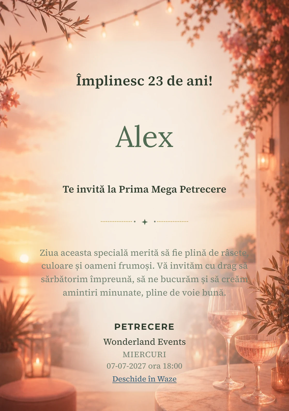Invitație digitală aniversară Sunset Drinks, fundal premium cu apus pe terasă, pahare abstracte și tonuri piersică