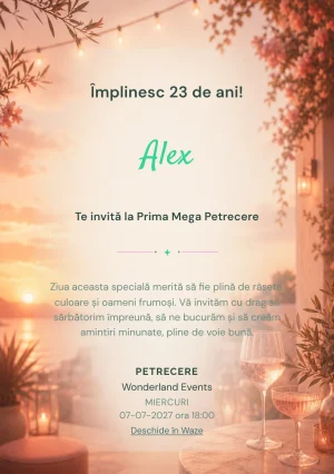 Invitație digitală aniversară Sunset Drinks, fundal premium cu apus pe terasă, pahare abstracte și tonuri piersică