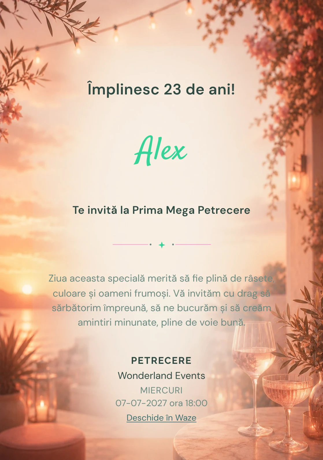Invitație digitală aniversară Sunset Drinks, fundal premium cu apus pe terasă, pahare abstracte și tonuri piersică
