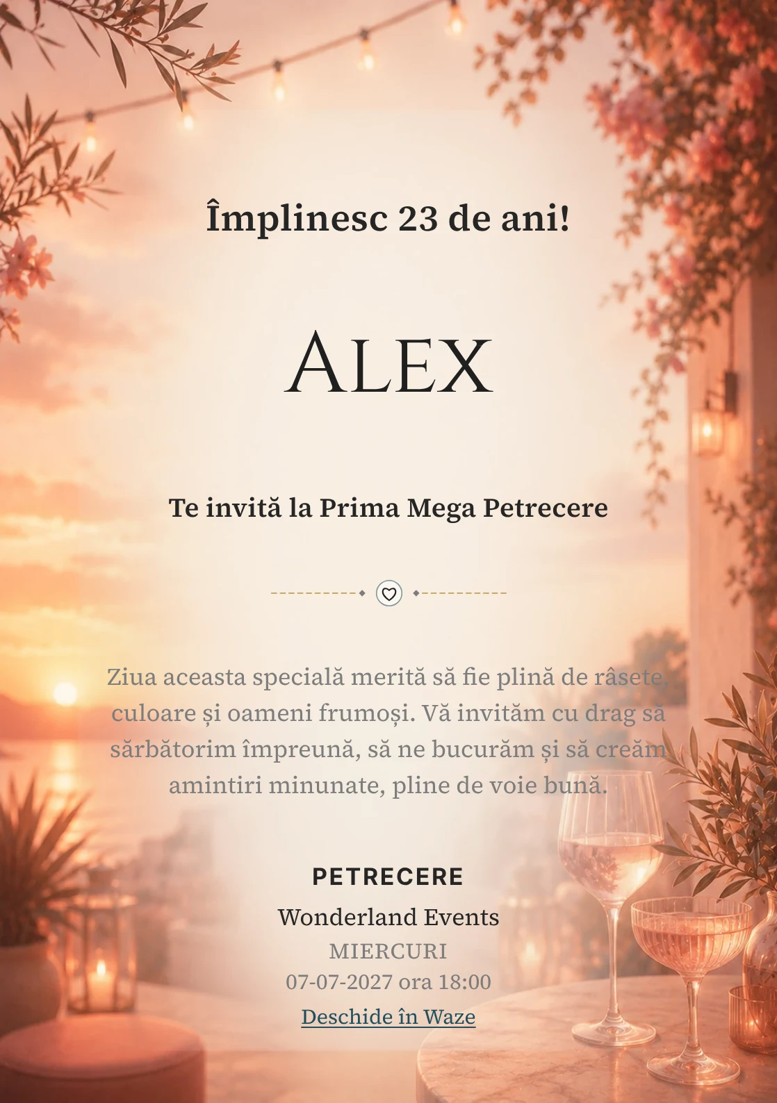 Invitație digitală aniversară Sunset Drinks, fundal premium cu apus pe terasă, pahare abstracte și tonuri piersică