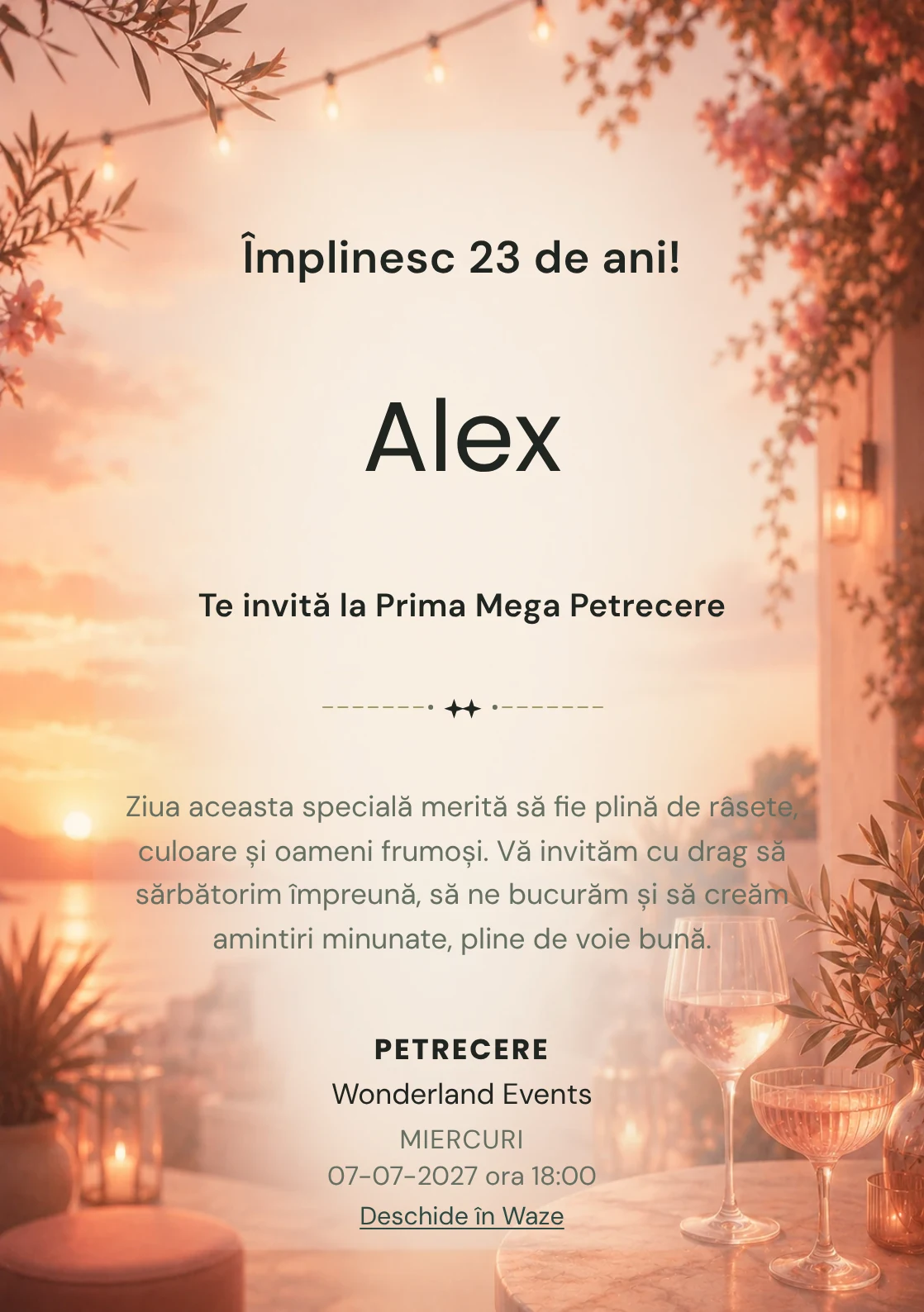 Invitație digitală aniversară Sunset Drinks, fundal premium cu apus pe terasă, pahare abstracte și tonuri piersică