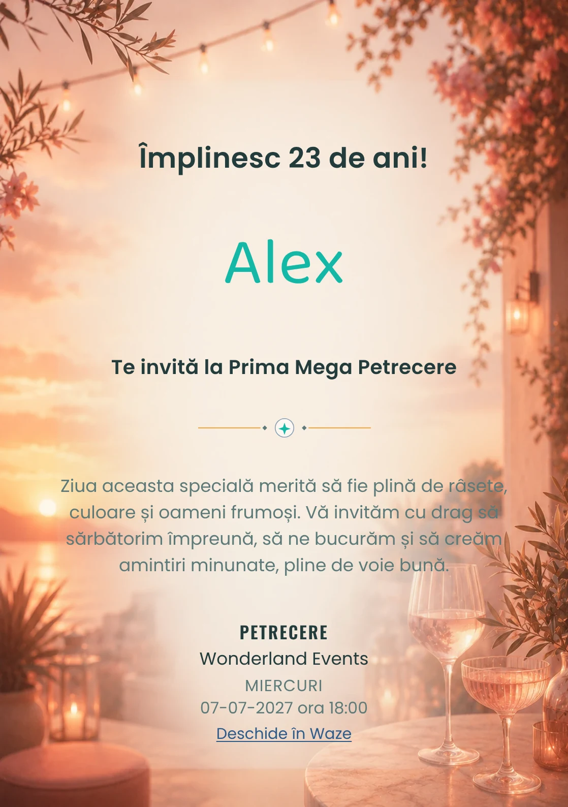 Invitație digitală aniversară Sunset Drinks, fundal premium cu apus pe terasă, pahare abstracte și tonuri piersică