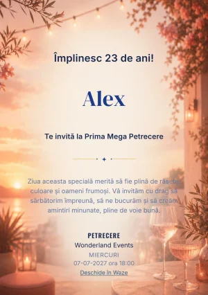 Invitație digitală aniversară Sunset Drinks, fundal premium cu apus pe terasă, pahare abstracte și tonuri piersică