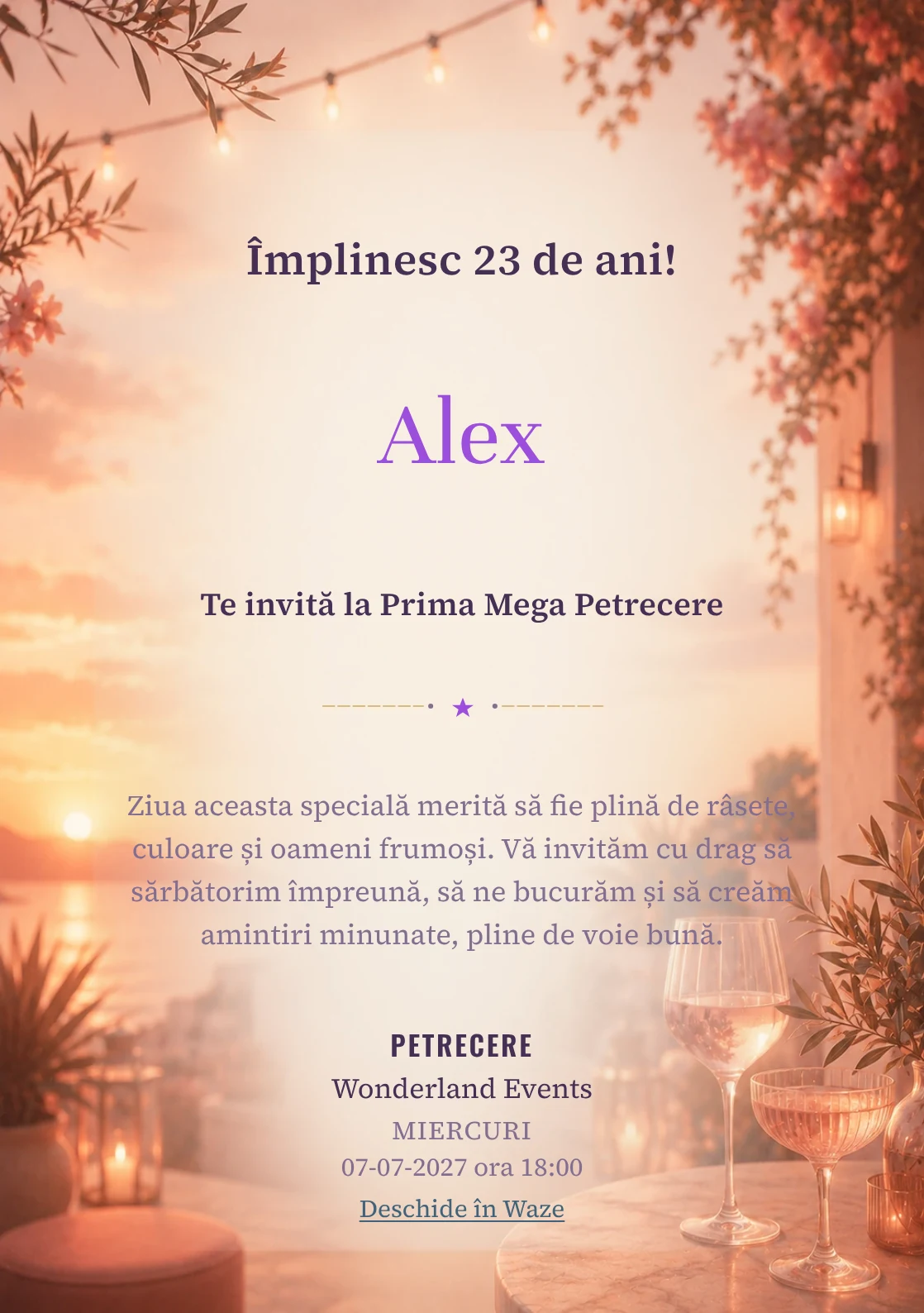Invitație digitală aniversară Sunset Drinks, fundal premium cu apus pe terasă, pahare abstracte și tonuri piersică