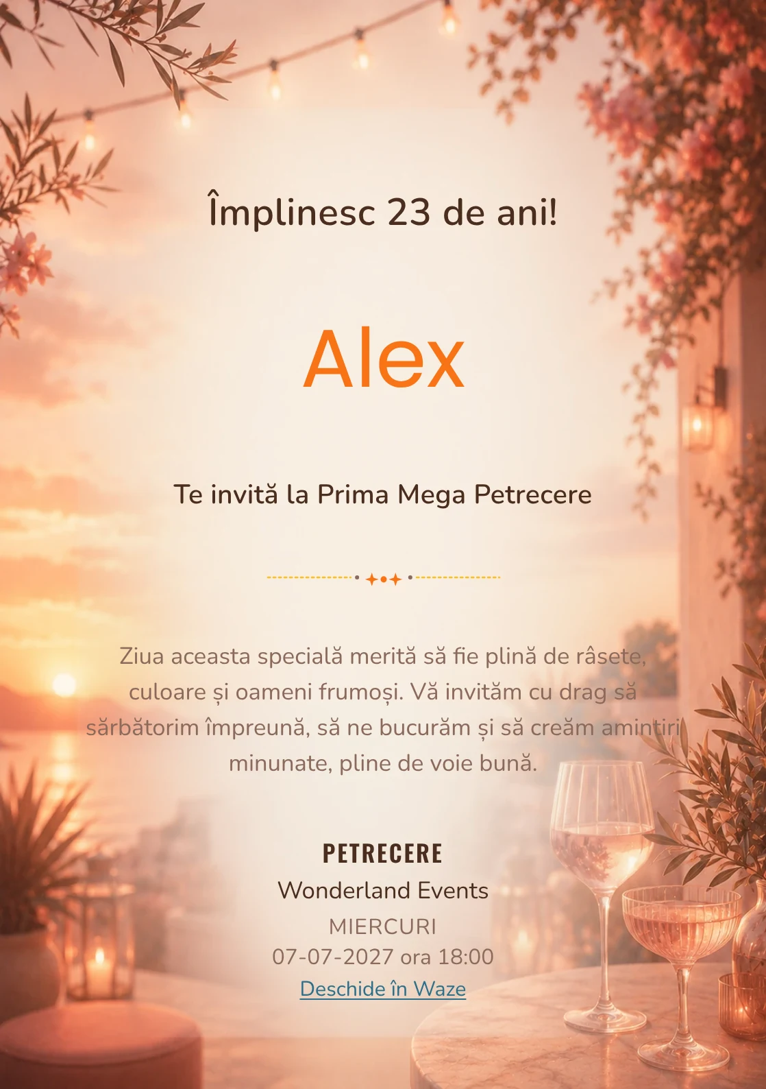 Invitație digitală aniversară Sunset Drinks, fundal premium cu apus pe terasă, pahare abstracte și tonuri piersică
