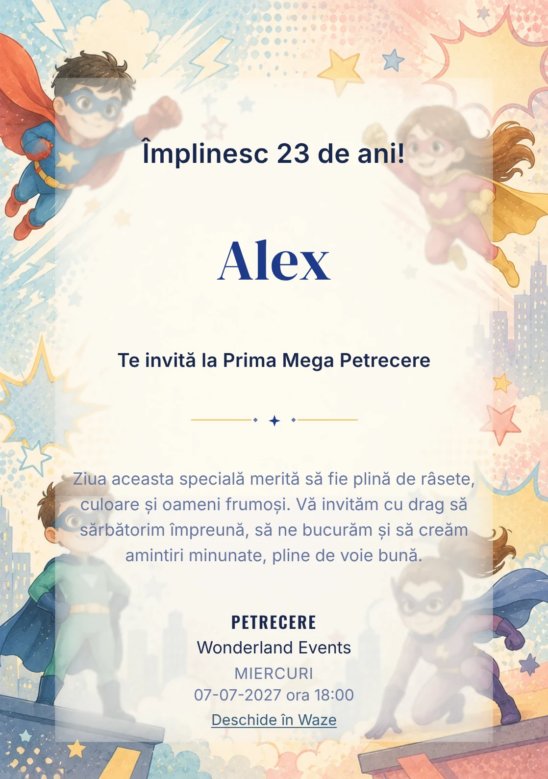 Invitație digitală de zi de naștere Super Eroi, fundal pastel cu supereroi originali, cape, măști și forme comic-style