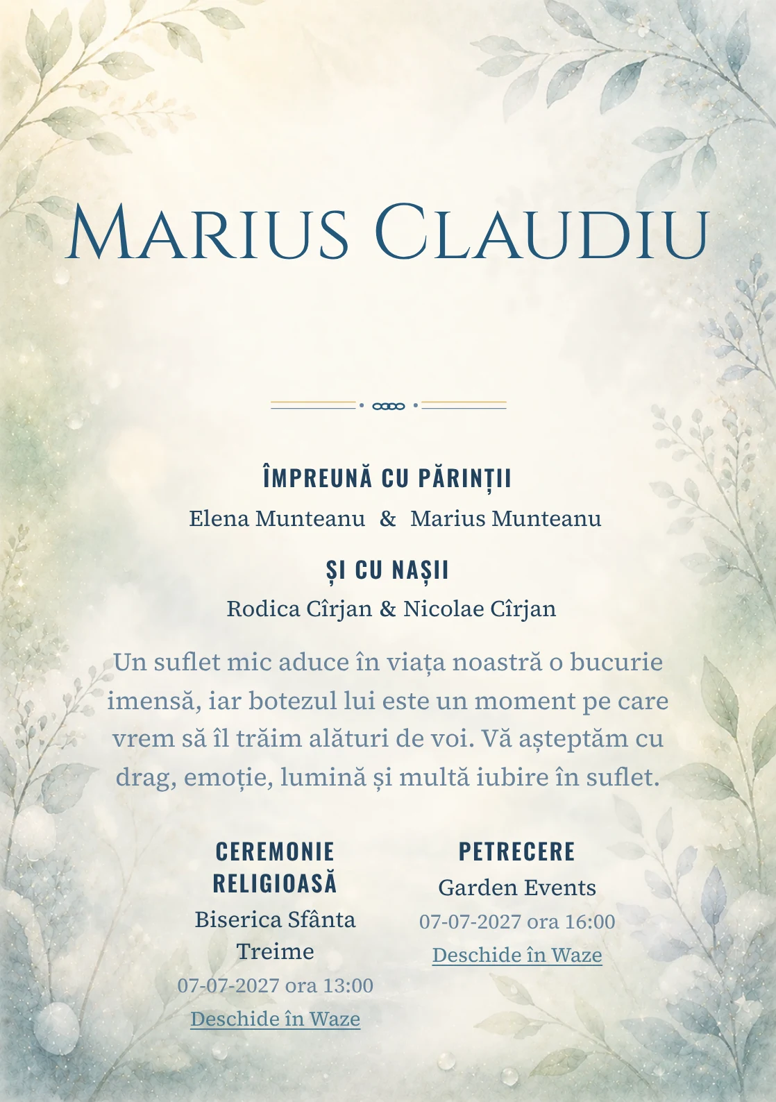 Invitație digitală de botez Taine de Rouă, fundal cu rouă, ceață luminoasă, verde mentă, albastru pal și frunze laterale și centru luminos pentru text