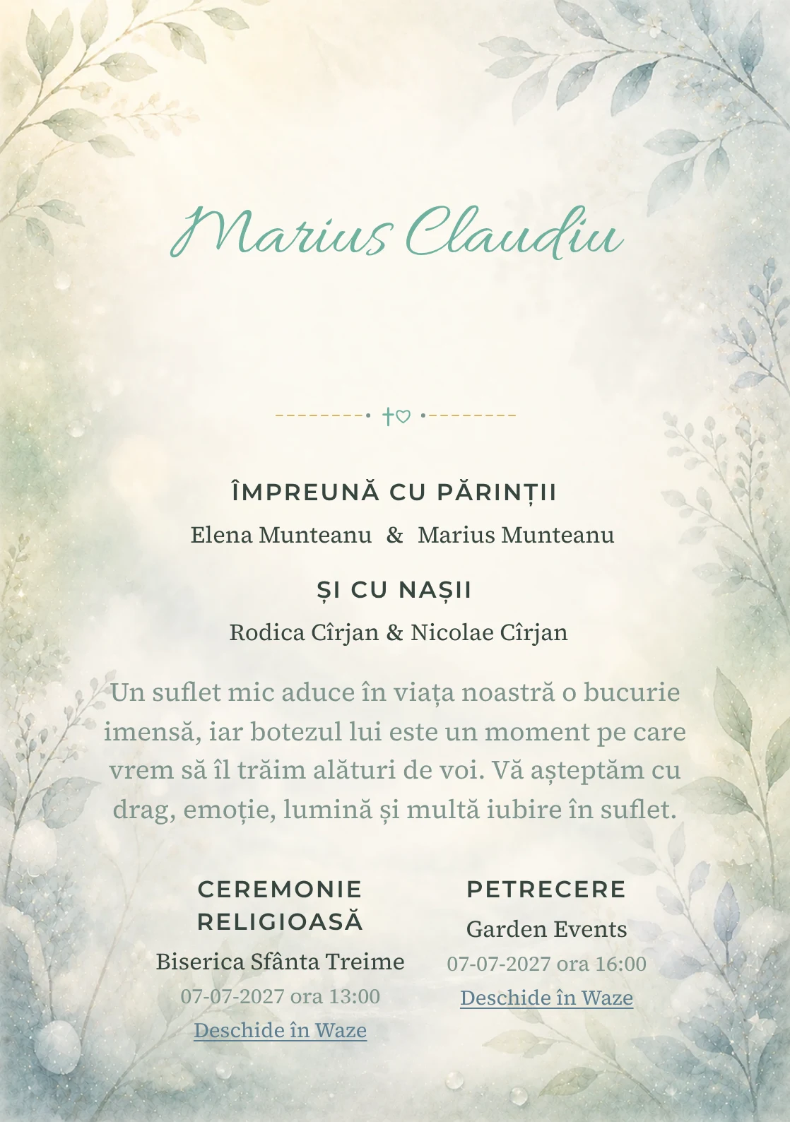 Invitație digitală de botez Taine de Rouă, fundal cu rouă, ceață luminoasă, verde mentă, albastru pal și frunze laterale și centru luminos pentru text