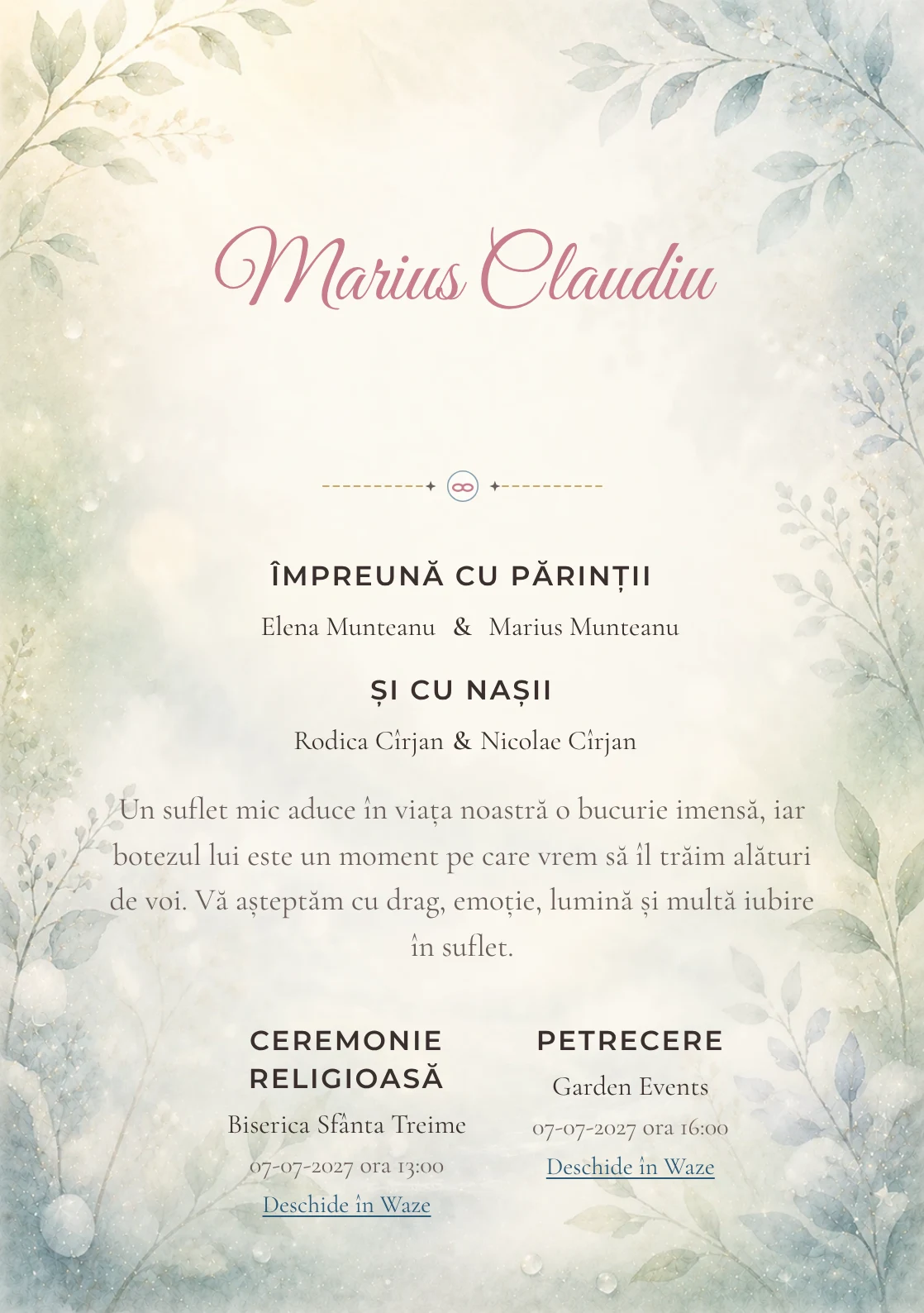 Invitație digitală de botez Taine de Rouă, fundal cu rouă, ceață luminoasă, verde mentă, albastru pal și frunze laterale și centru luminos pentru text