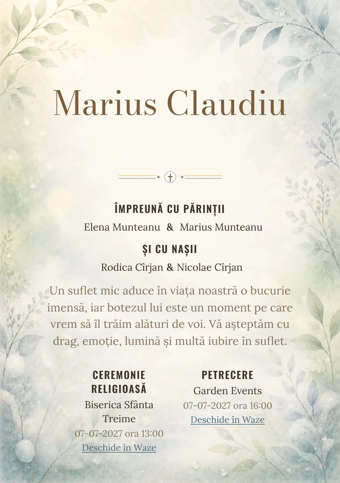 Invitație digitală de botez Taine de Rouă, fundal cu rouă, ceață luminoasă, verde mentă, albastru pal și frunze laterale și centru luminos pentru text