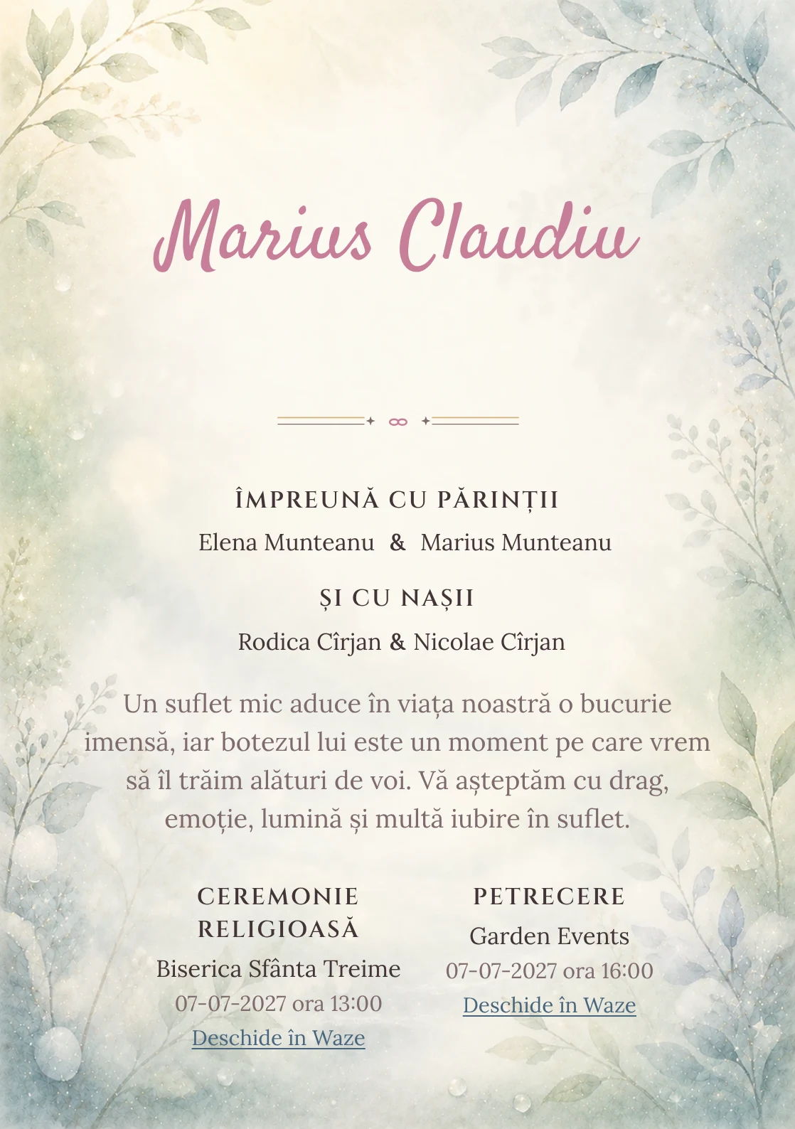 Invitație digitală de botez Taine de Rouă, fundal cu rouă, ceață luminoasă, verde mentă, albastru pal și frunze laterale și centru luminos pentru text