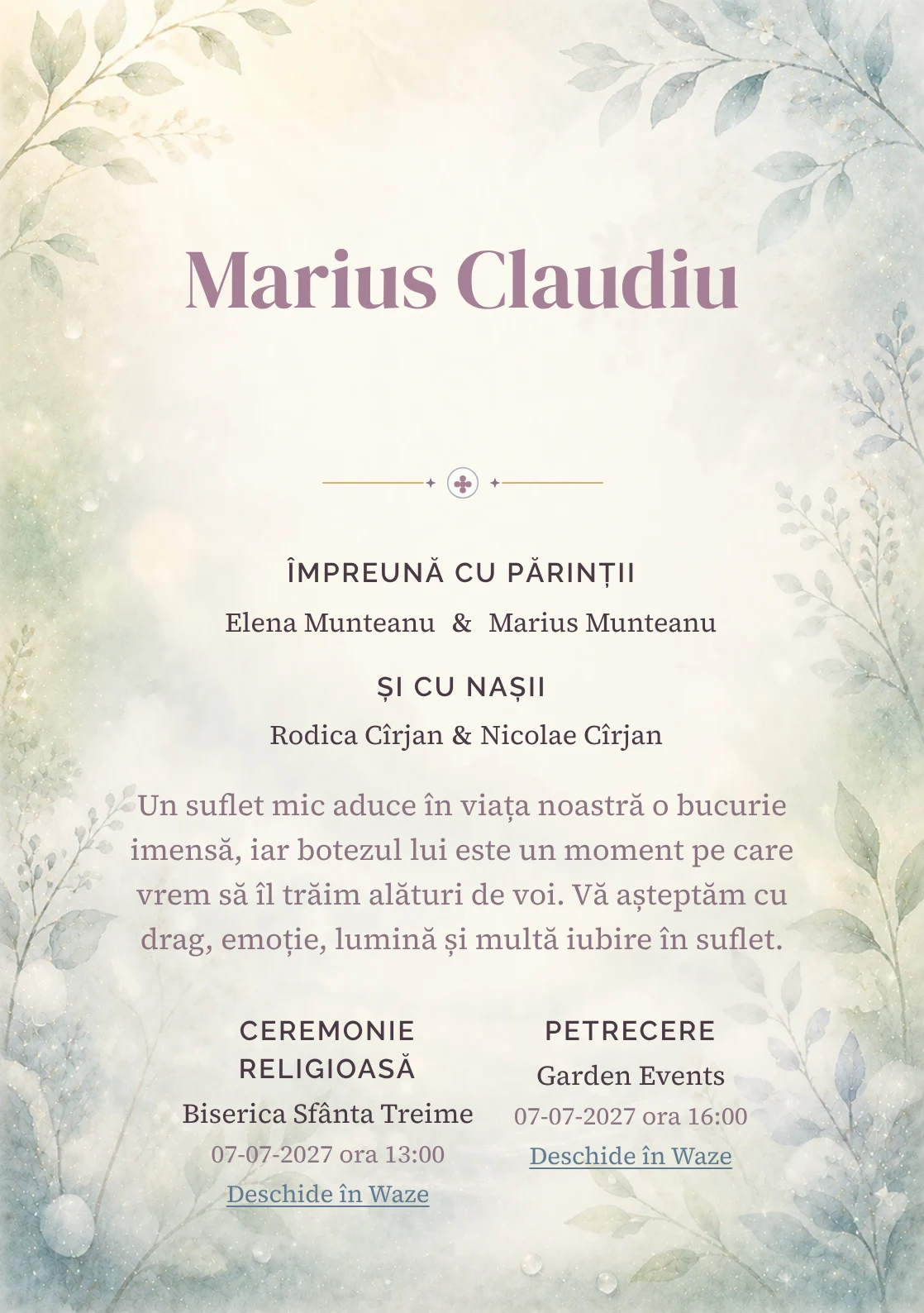 Invitație digitală de botez Taine de Rouă, fundal cu rouă, ceață luminoasă, verde mentă, albastru pal și frunze laterale și centru luminos pentru text