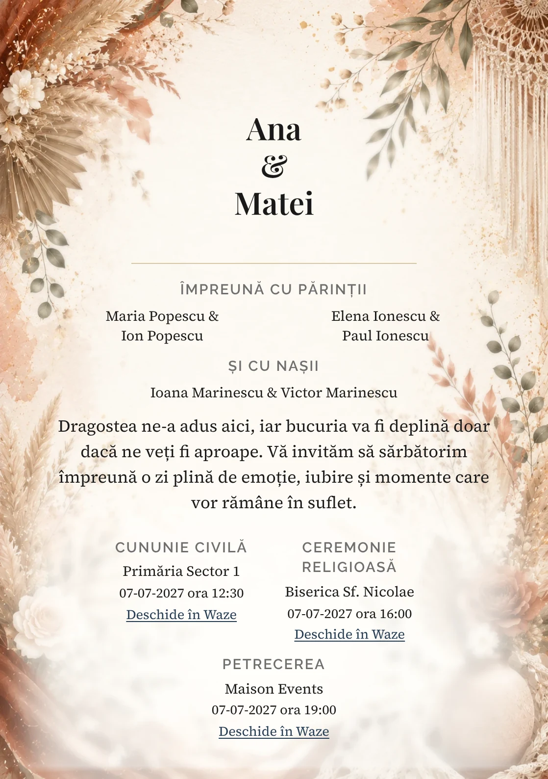 Invitație digitală de nuntă Teracota Boho, fundal boho teracotă, potrivit pentru pachetele Basic și Premium