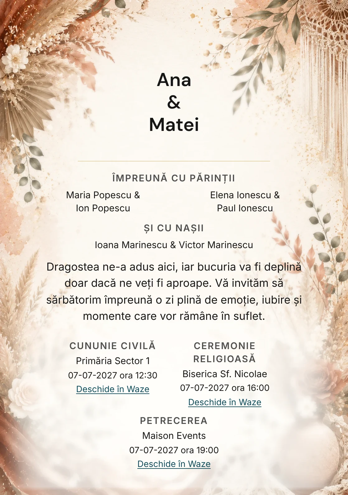Invitație digitală de nuntă Teracota Boho, fundal boho teracotă, potrivit pentru pachetele Basic și Premium