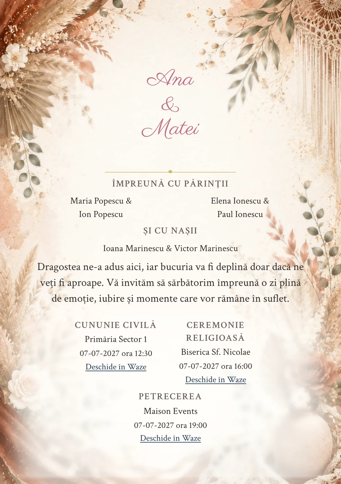 Invitație digitală de nuntă Teracota Boho, fundal boho teracotă, potrivit pentru pachetele Basic și Premium