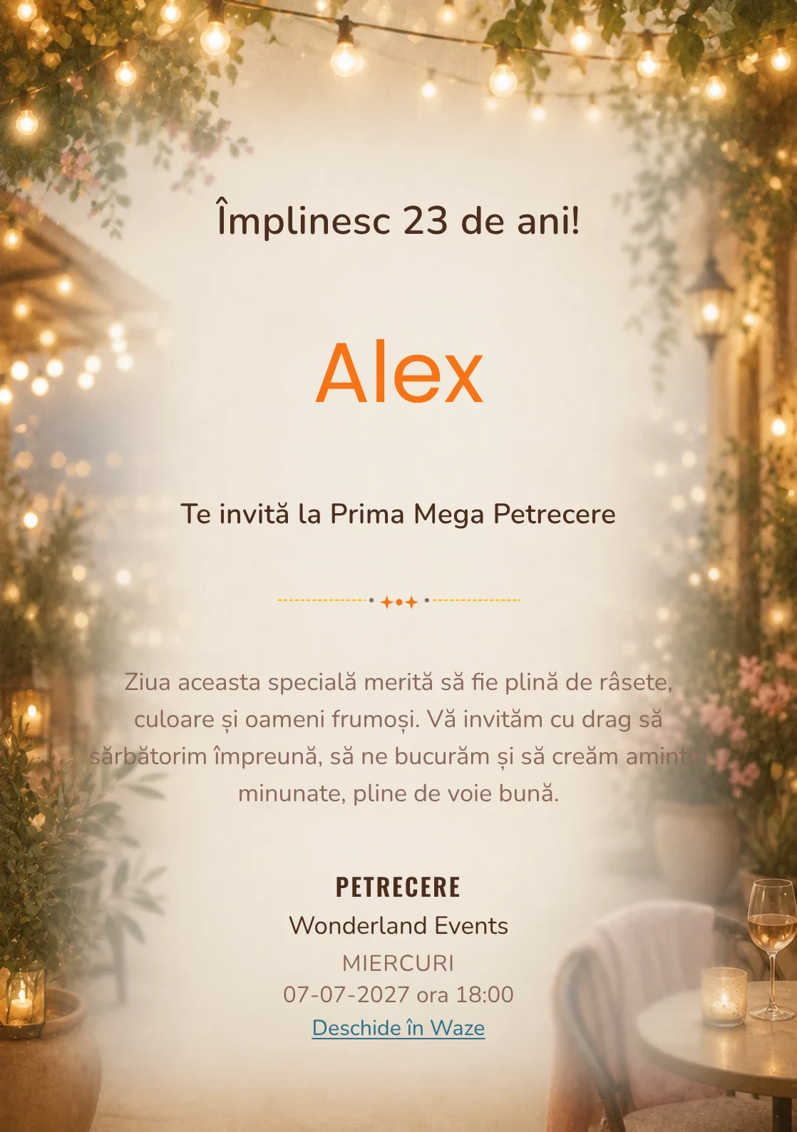 Invitație digitală aniversară Terasa Lumini, fundal premium cu terasă caldă, plante și lumini ambientale