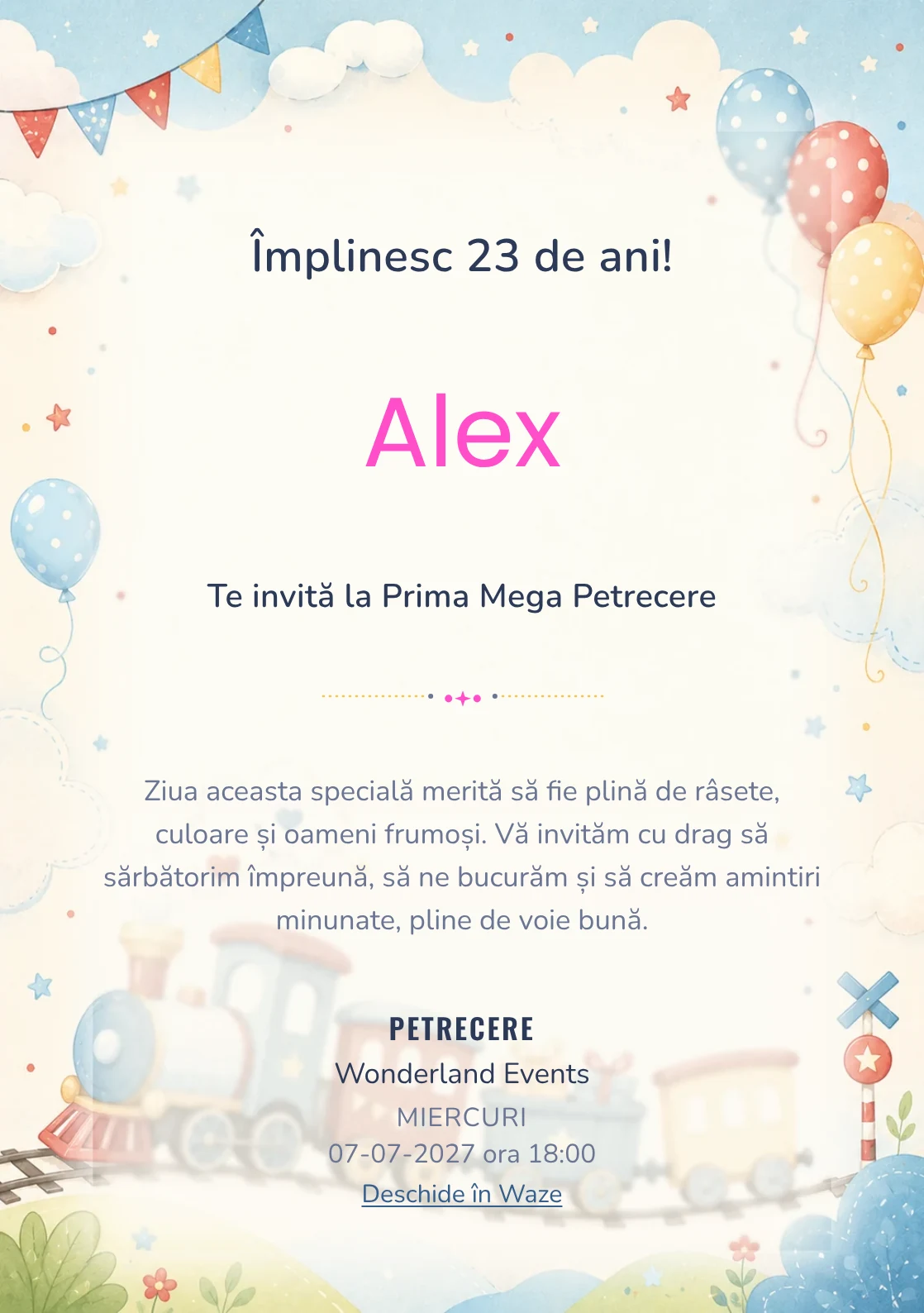 Invitație digitală de zi de naștere Trenuleț Vesel, fundal pastel cu trenuleț pastel, nori și baloane