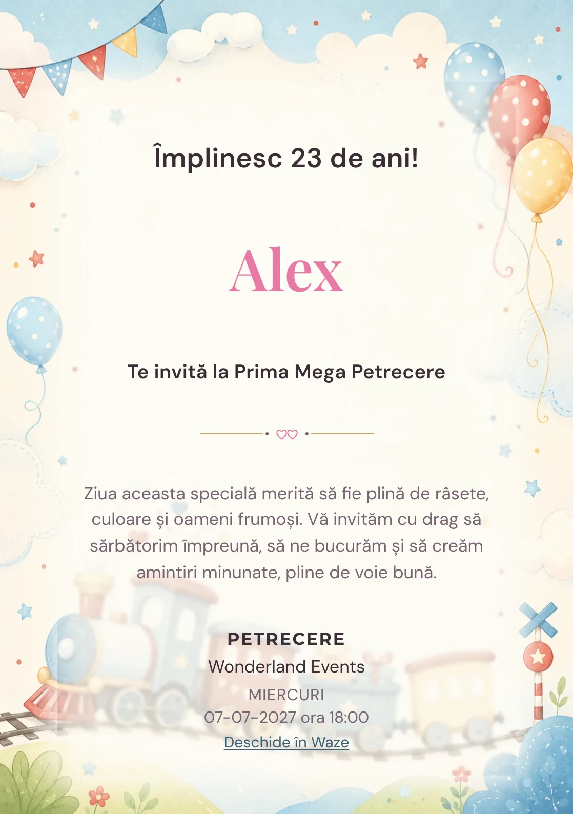 Invitație digitală de zi de naștere Trenuleț Vesel, fundal pastel cu trenuleț pastel, nori și baloane