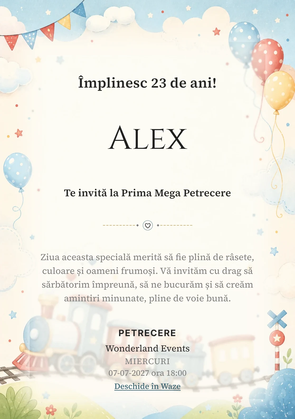 Invitație digitală de zi de naștere Trenuleț Vesel, fundal pastel cu trenuleț pastel, nori și baloane