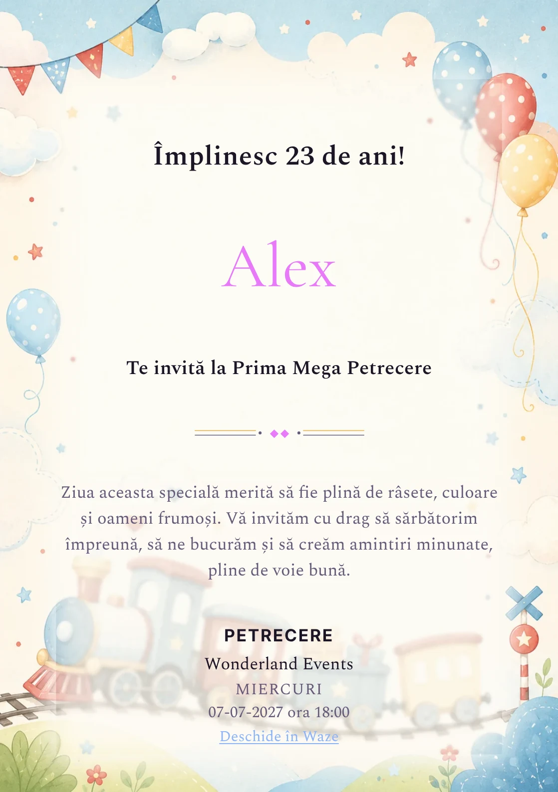 Invitație digitală de zi de naștere Trenuleț Vesel, fundal pastel cu trenuleț pastel, nori și baloane