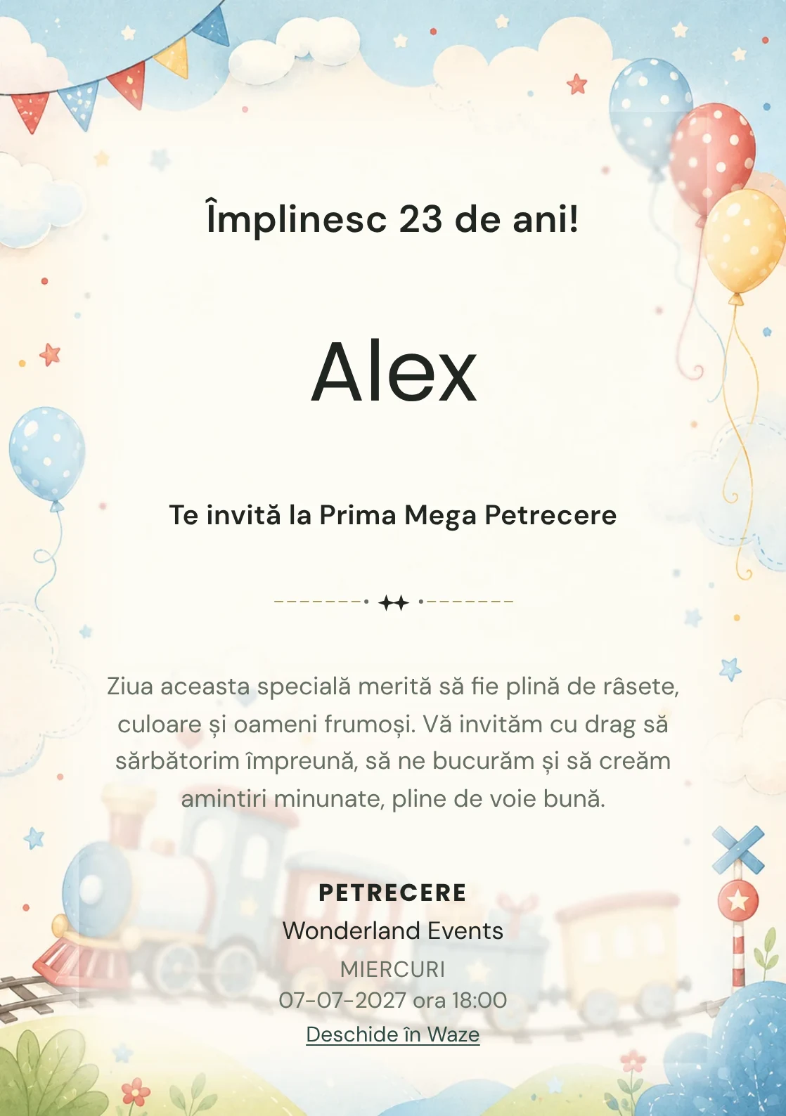 Invitație digitală de zi de naștere Trenuleț Vesel, fundal pastel cu trenuleț pastel, nori și baloane