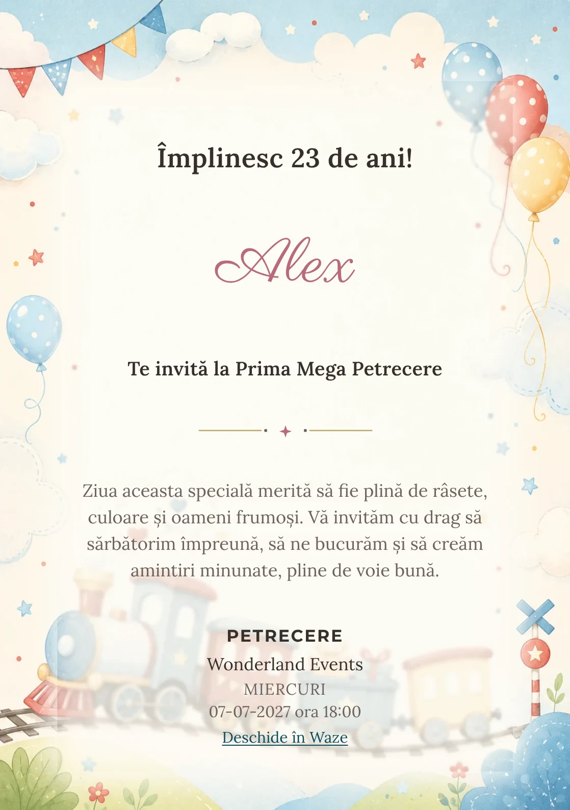 Invitație digitală de zi de naștere Trenuleț Vesel, fundal pastel cu trenuleț pastel, nori și baloane