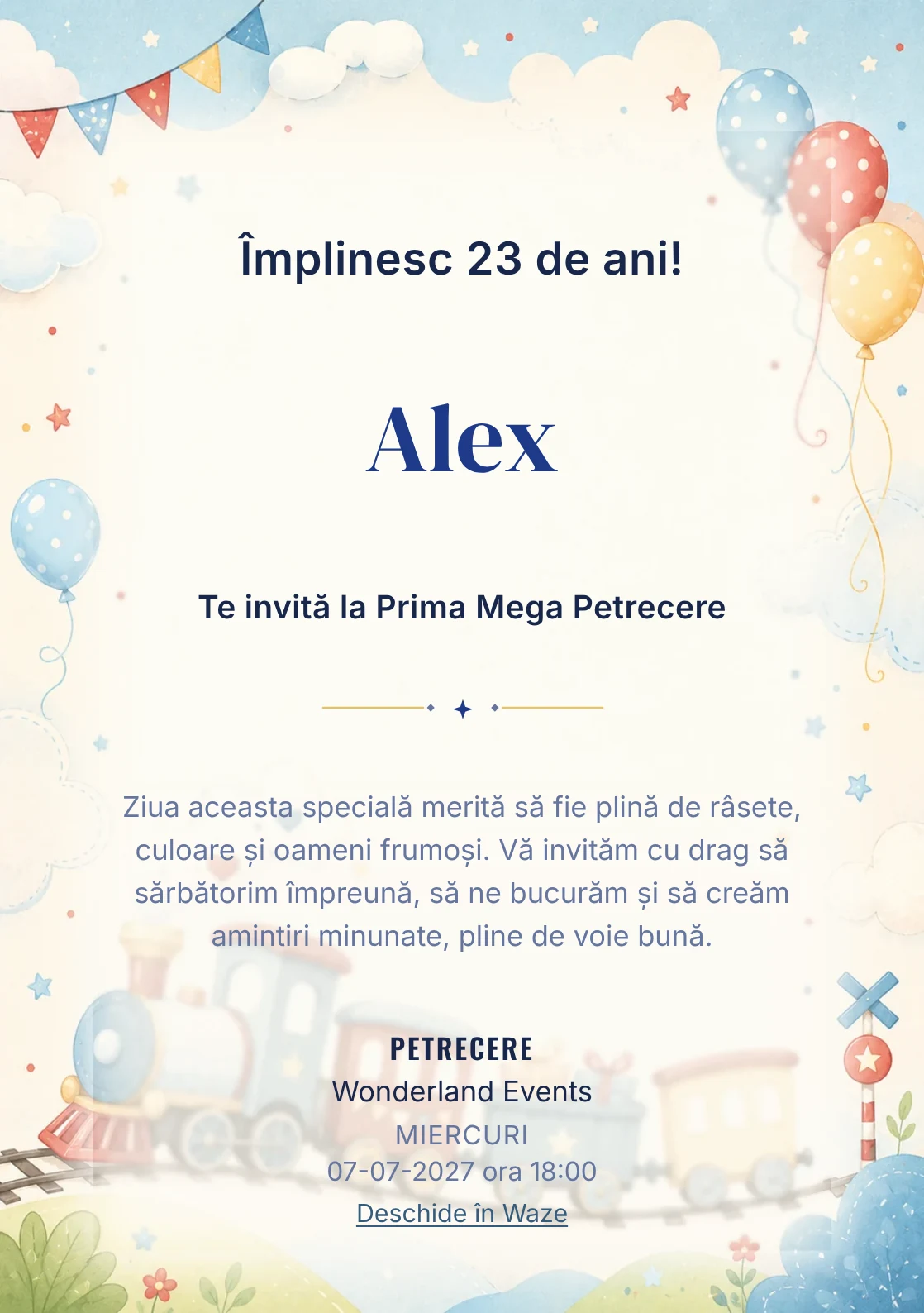 Invitație digitală de zi de naștere Trenuleț Vesel, fundal pastel cu trenuleț pastel, nori și baloane