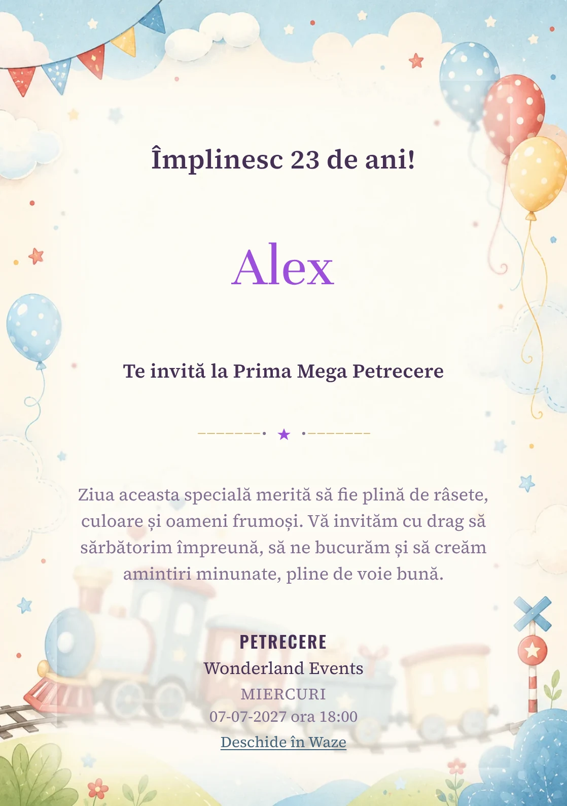 Invitație digitală de zi de naștere Trenuleț Vesel, fundal pastel cu trenuleț pastel, nori și baloane
