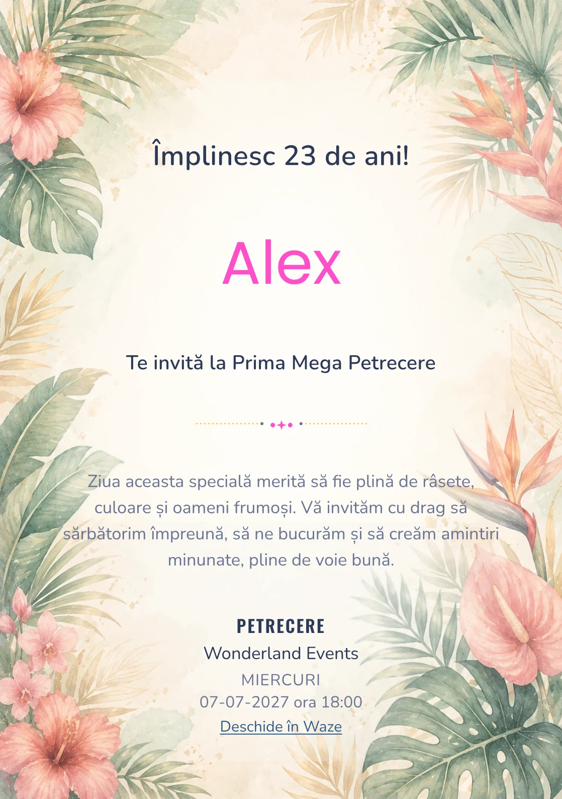 Invitație digitală aniversară Tropical Chic, fundal premium cu frunze de palmier, flori exotice și coral stins