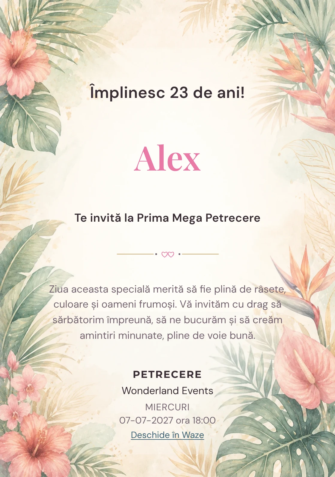 Invitație digitală aniversară Tropical Chic, fundal premium cu frunze de palmier, flori exotice și coral stins