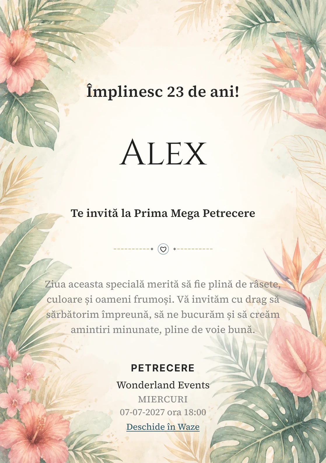 Invitație digitală aniversară Tropical Chic, fundal premium cu frunze de palmier, flori exotice și coral stins